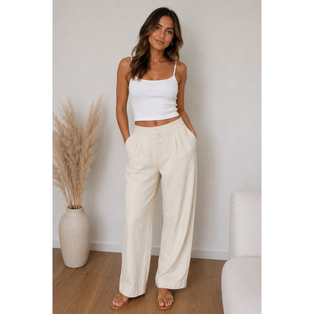 WAYF Cream Linen Wide Leg Dress Trouser Pants Business Casual, Work, Neutral